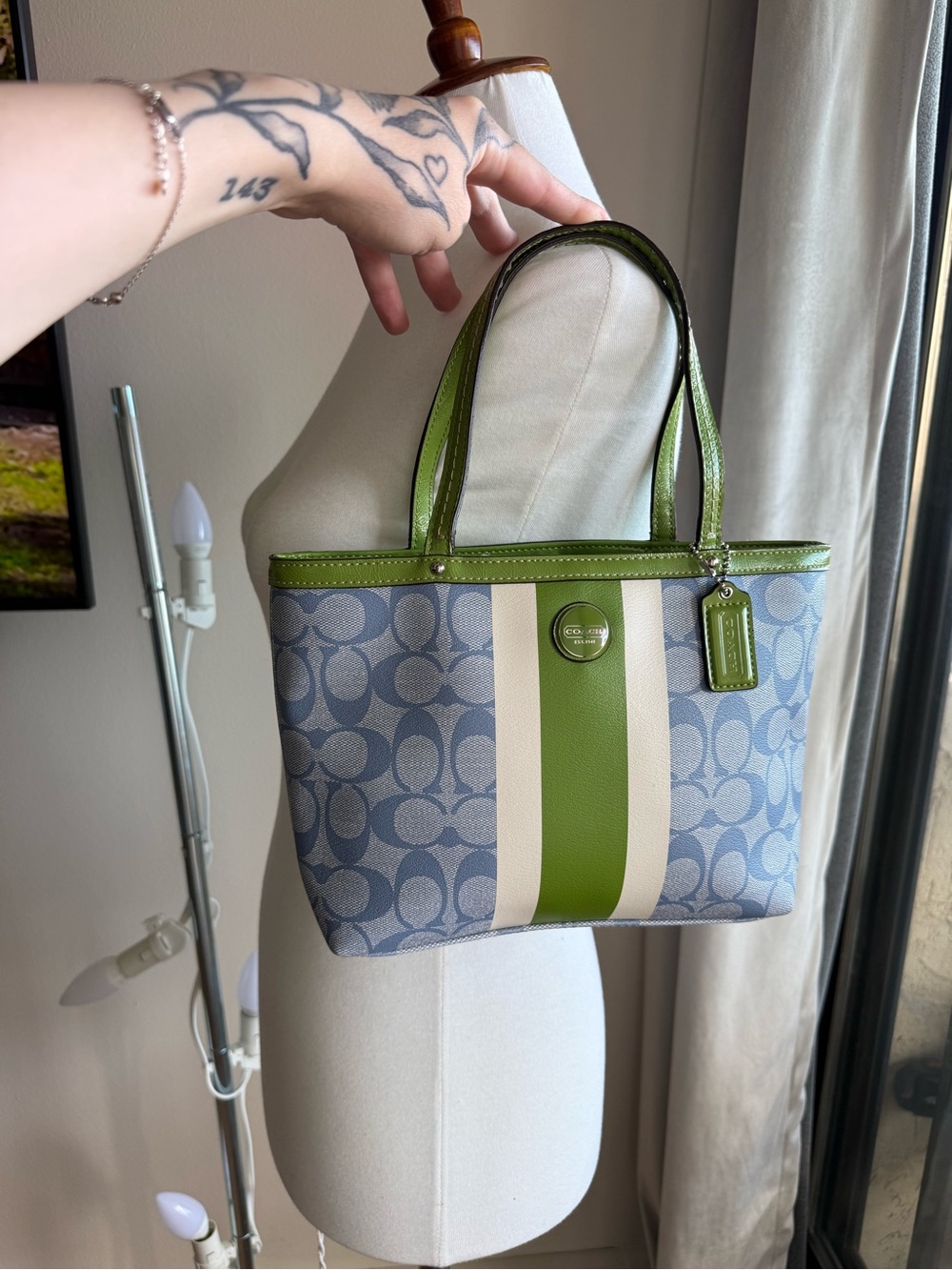 Coach Small Tote with Blue Signature Canvas and Green Stripe